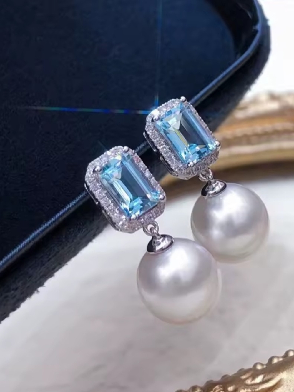 White Rhodium Blue Topaz White Pearl Drop Earrings - Picture 3 of 3